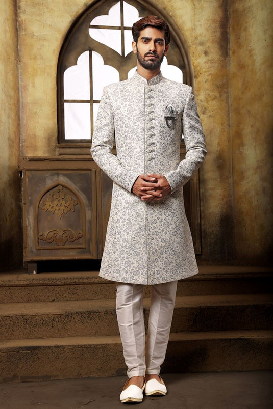 Captivating Brocade Fabric Stylish Indo Western For Men In White Color
