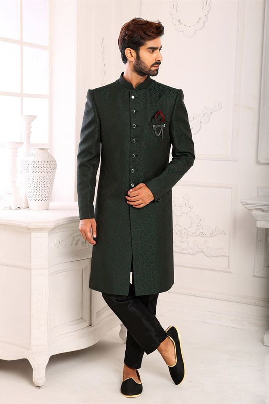 Enriching Dark Green Color Brocade Fabric Indo Western For Men