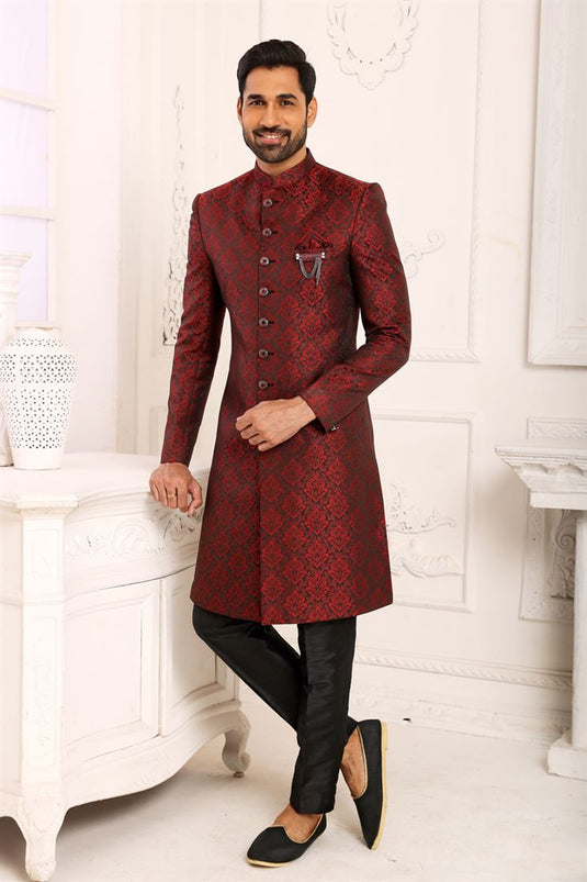 Extravagant Maroon Color Brocade Fabric Indo Western For Men