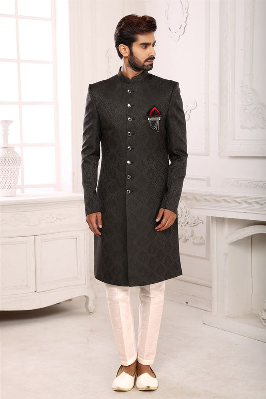 Adorning Black Color Brocade Fabric Indo Western For Men