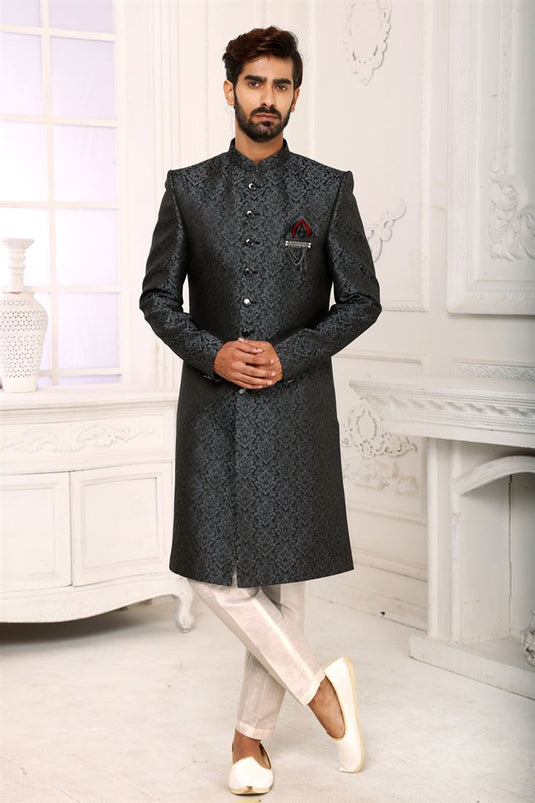 Mesmeric Grey Color Brocade Fabric Indo Western For Men