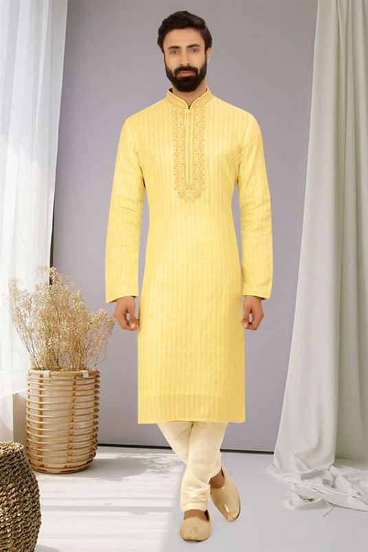 Beautiful Yellow Color Wedding Wear Readymade Kurta Pyjama For Men In Jacquard Fabric