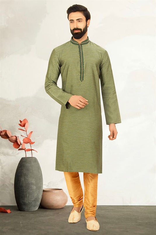 Reception Wear Attractive Readymade Men Kurta Pyjama In Green Color