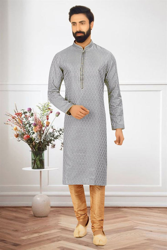 Artistic Grey Color Readymade Men Kurta Pyjama For Wedding Wear