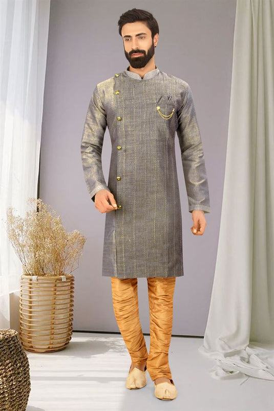 Grey Color Reception Wear Readymade Linen Fabric Indo Western For Men