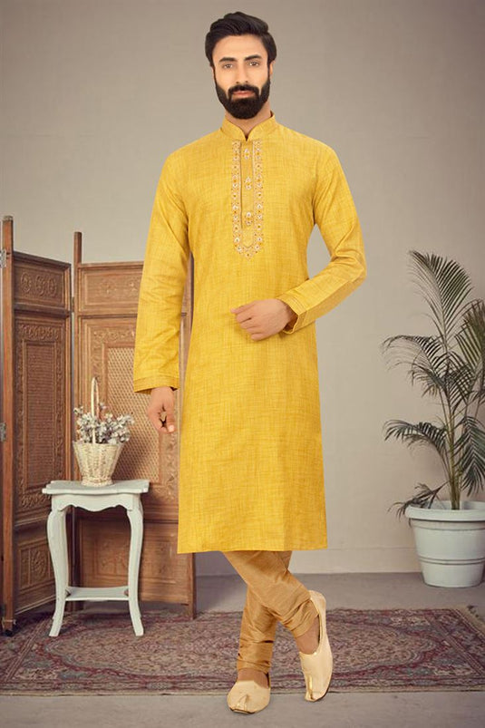 Fancy Mustard Color Jacquard Cotton Fabric Function Wear Readymade Kurta Pyjama For Men
