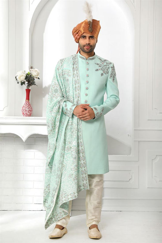 Silk Light Cyan Color Wedding Wear Readymade Designer Men Sherwani With Stole