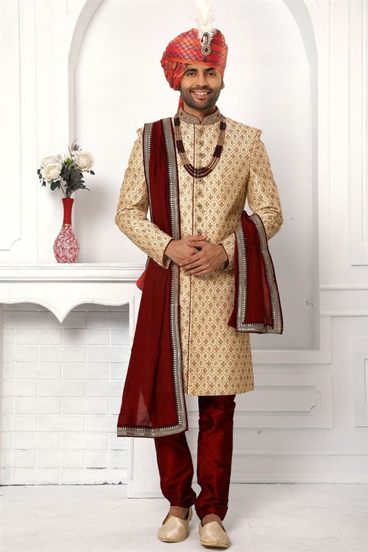 Silk Cream Wedding Wear Readymade Lovely Sherwani For Men With Stole