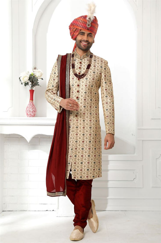 Beautiful Beige Color Wedding Wear Readymade Sherwani For Men In Silk Fabric With Stole