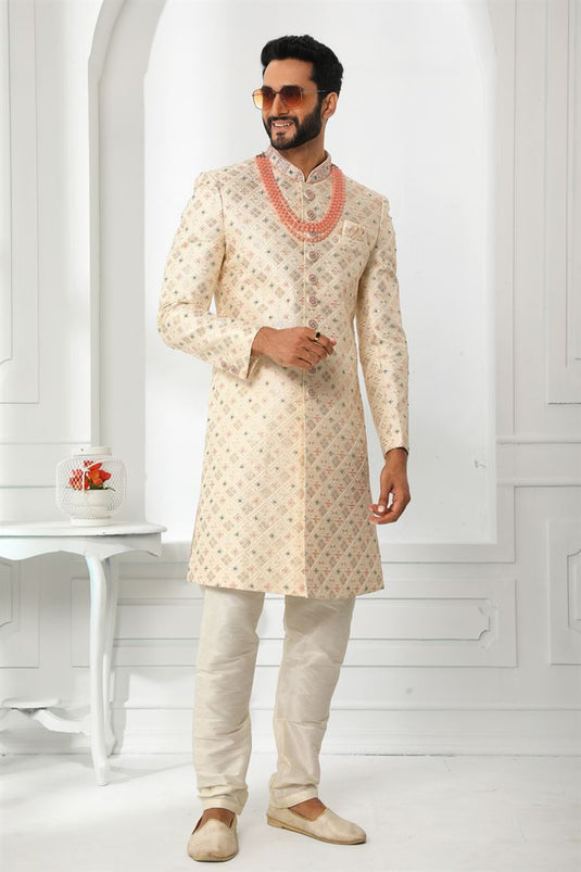 Silk Wedding Wear Attractive Readymade Men Sherwani In Beige Color