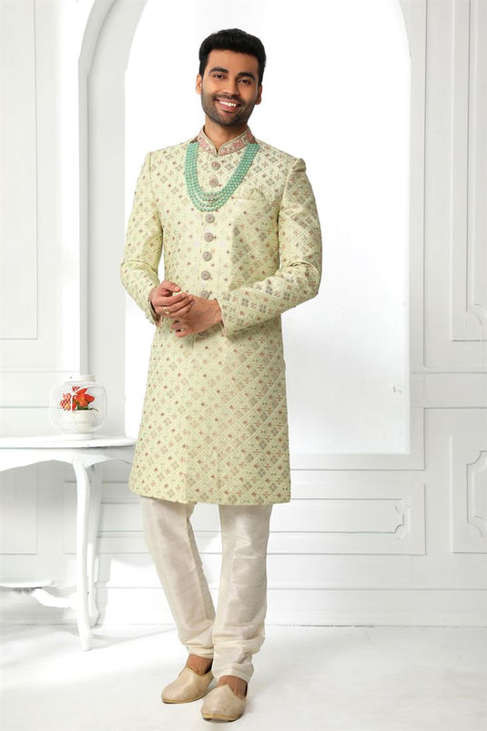Cream Wedding Wear Readymade Glamorous Sherwani For Men In Silk Fabric