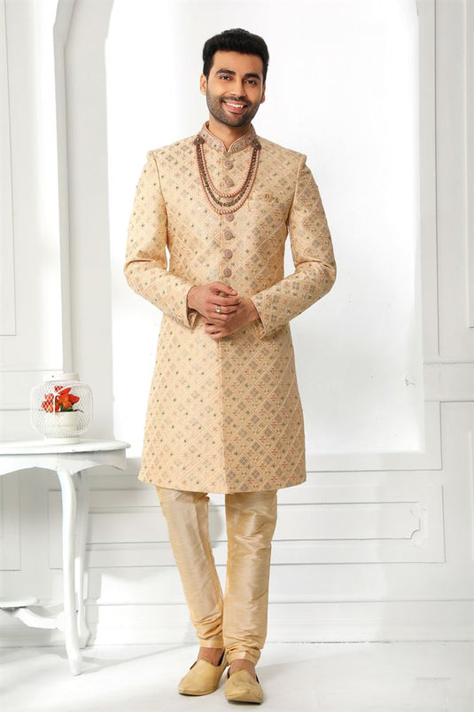 Beige Silk Fabric Graceful Readymade Men Sherwani For Wedding Wear