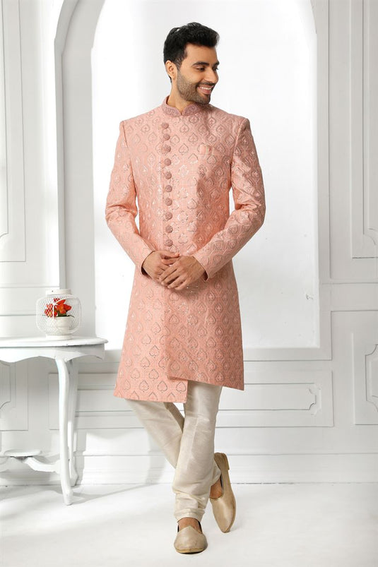 Pink Color Silk Fabric Heavy Embroidered Wedding Wear Designer Readymade Sherwani For Men