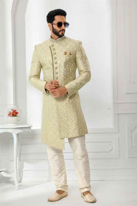 Silk Fabric Heavy Embroidered Cream Color Wedding Wear Designer Readymade Sherwani For Men