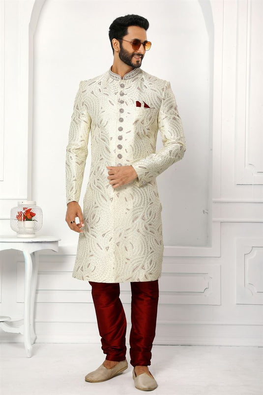 Heavy Embroidered White Color Wedding Wear Silk Fabric Designer Readymade Sherwani For Men