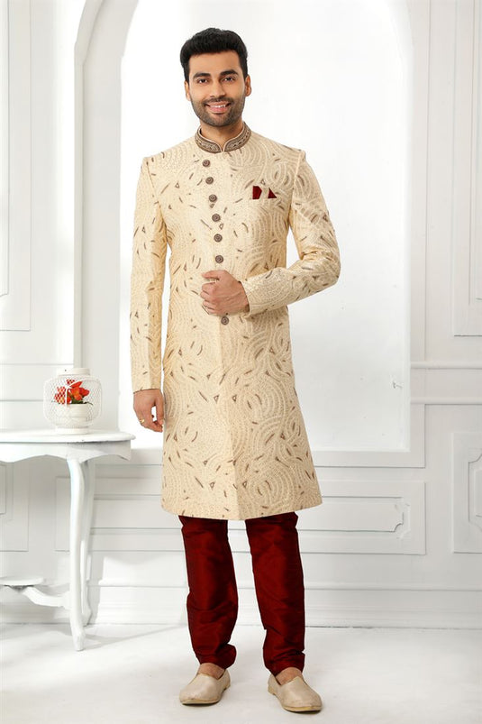 Beige Color Wedding Wear Silk Fabric Designer Heavy Embroidered Readymade Sherwani For Men