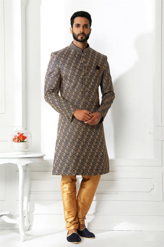 Silk Fabric Designer Heavy Embroidered Wedding Wear Readymade Sherwani For Men In Navy Blue Color