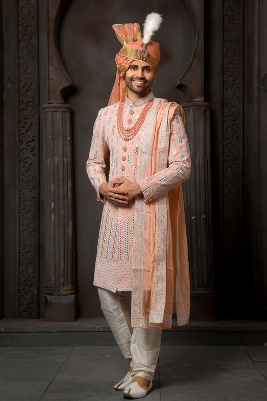 Peach Color Georgette Fabric Wedding Wear Readymade Groom Sherwani For Men