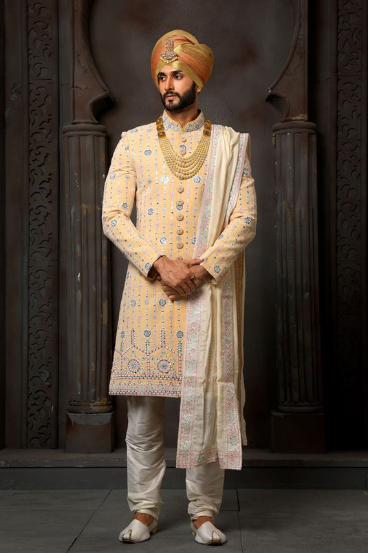 Yellow Georgette Fabric Wedding Wear Trendy Readymade Groom Sherwani For Men