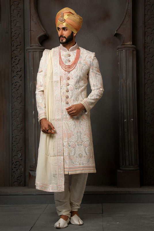 Cream Gorgeous Georgette Fabric Wedding Wear Readymade Groom Sherwani For Men