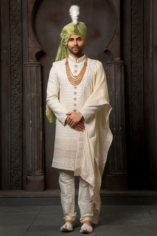 Georgette Stunning Cream Color Wedding Wear Readymade Men Groom Sherwani