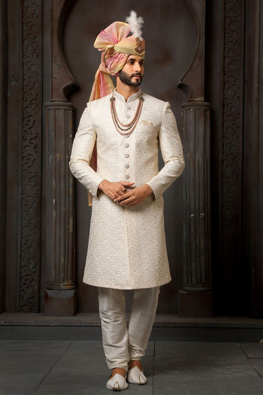 Silk Cream Wedding Wear Readymade Lovely Groom Sherwani For Men
