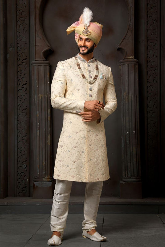 Pretty Silk Fabric Wedding Wear Readymade Men Groom Sherwani In Cream Color