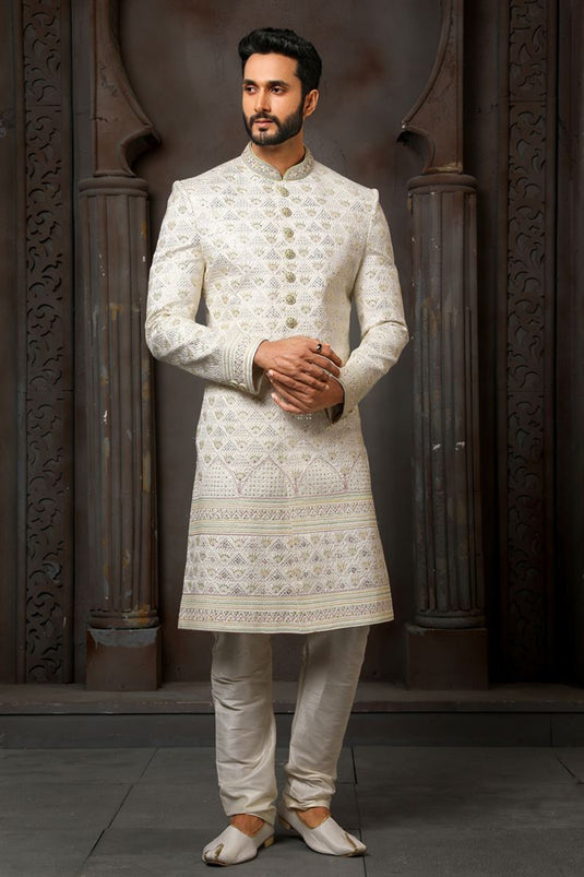 Silk Wedding Wear Attractive Readymade Men Groom Sherwani In Off White Color