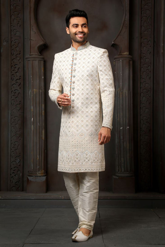 Off White Wedding Wear Readymade Glamorous Groom Sherwani For Men In Georgette Fabric