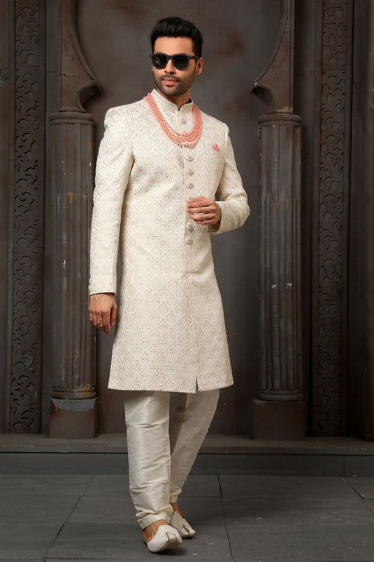 Beige Color Silk Fabric Heavy Embroidered Wedding Wear Designer Readymade Groom Sherwani For Men