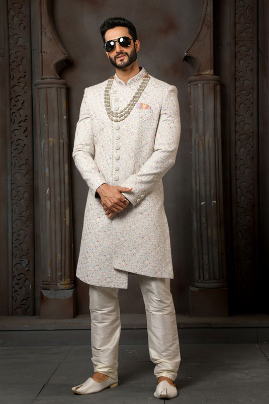 Off White Color Wedding Wear Silk Fabric Designer Heavy Embroidered Readymade Groom Sherwani For Men