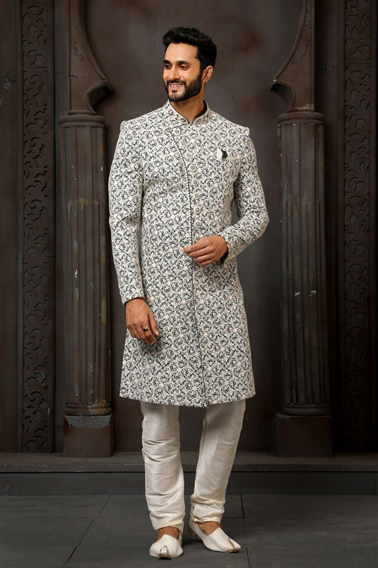 Silk Fabric Designer Heavy Embroidered Wedding Wear Readymade Groom Sherwani For Men In Black Color
