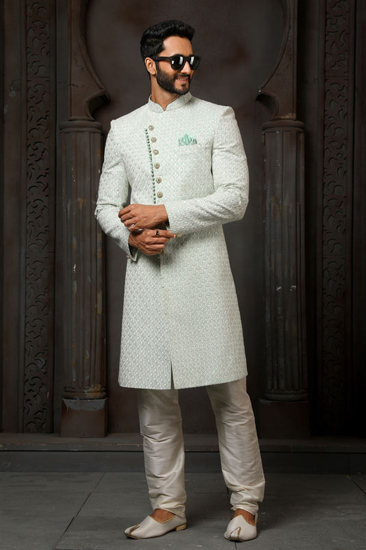 Heavy Embroidered Georgette Fabric Wedding Wear Designer Readymade Groom Sherwani For Men In Sea Green Color