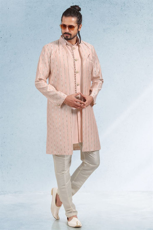 Art Silk Fabric Peach Color Festive Wear Readymade Men Stylish Kurta Pyjama With Nehru Jacket set