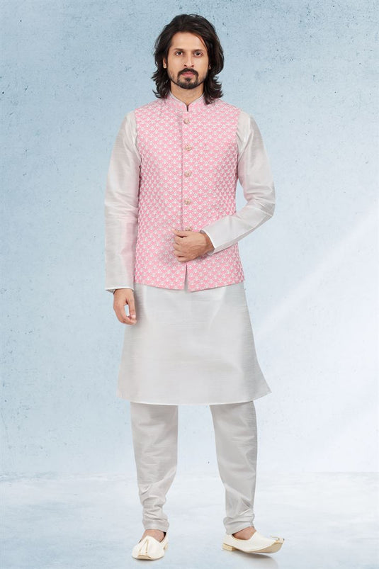 Gorgeous White Color Art Silk Fabric Function Wear Readymade Kurta Pyjama For Men With 3 Pcs Jacket Set