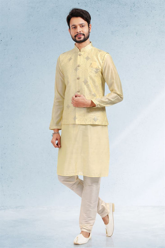 Men Yellow Color Ethnic Kurta With Pyjama And Nehru Jacket