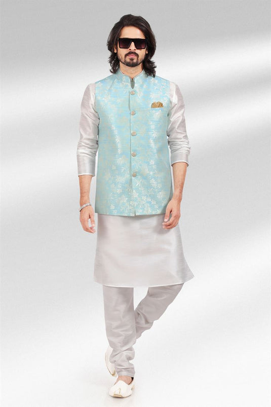 Fancy White Color Jacquard Silk Fabric Function Wear Readymade Kurta Pyjama For Men With Modi Jacket Set