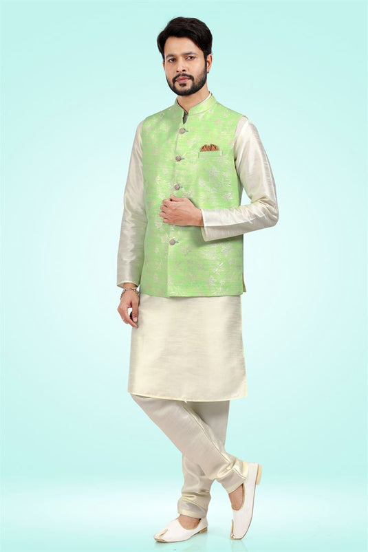 Jacquard Silk Fabric White Color Festive Wear Readymade Men Stylish Kurta Pyjama With Nehru Jacket set