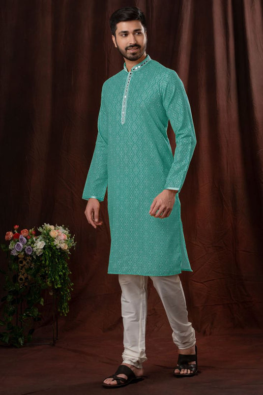 Reception Wear Readymade Bandhani Print Cyan Color Fancy Fabric Kurta Pyjama For Men