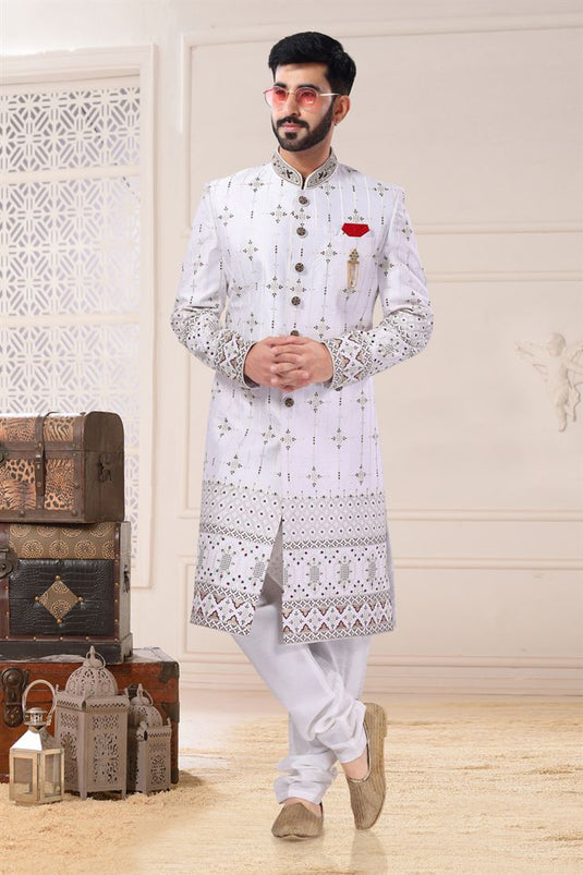 White Color Silk Fabric Wedding Wear Readymade Sherwani For Men