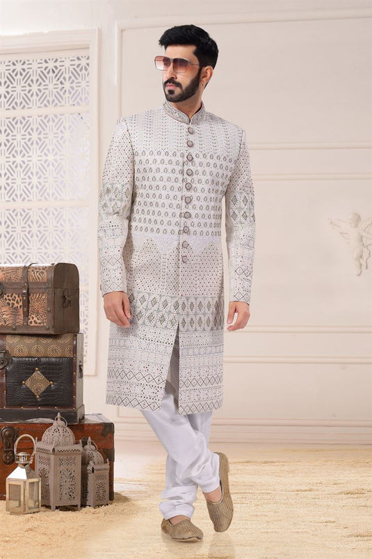 White Silk Fabric Wedding Wear Trendy Readymade Sherwani For Men