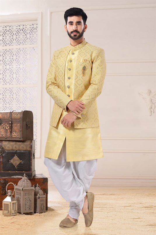 Beautiful Yellow Color Wedding Wear Readymade Indo Western For Men In Silk Fabric