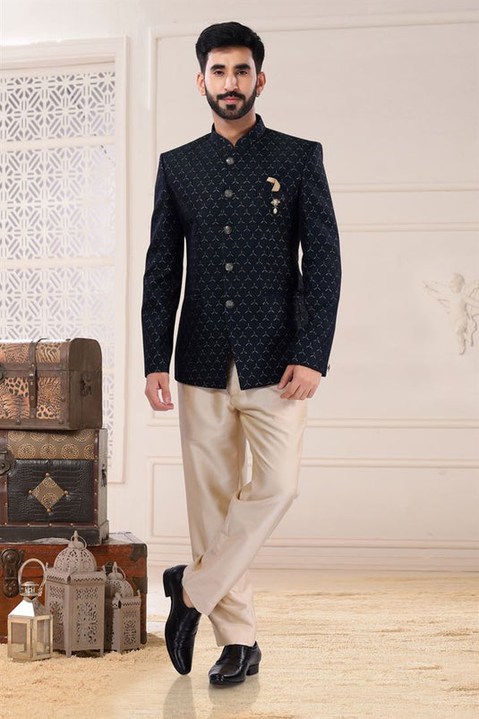 Teal Wedding Wear Readymade Glamorous Jodhpuri Suit For Men In Jacquard Fabric