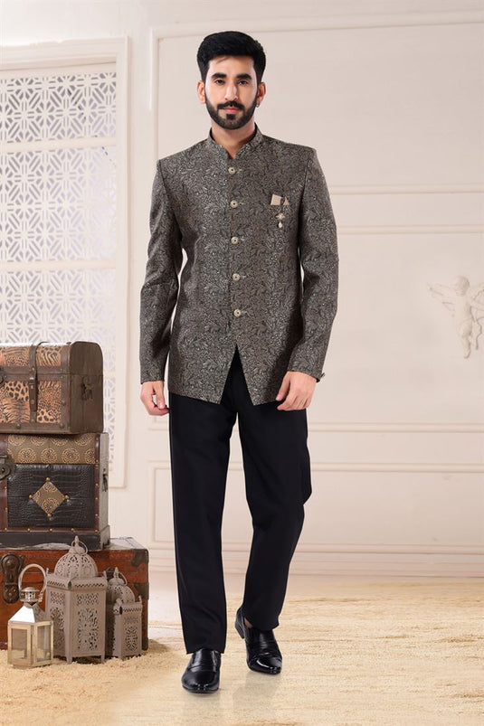 Grey Color Wedding Wear Jacquard Fabric Designer Readymade Jodhpuri Suit For Men
