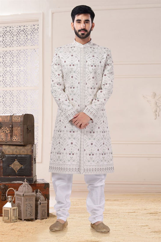 White Color Wedding Wear Silk Fabric Designer Readymade Sherwani For Men
