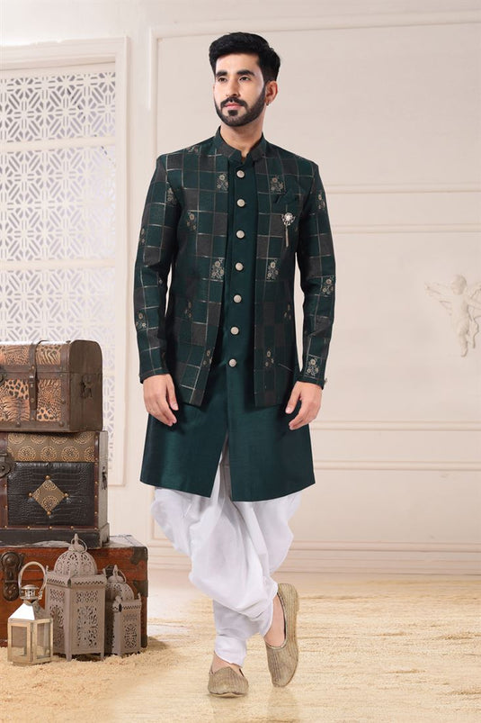 Wedding Wear Silk Fabric Designer Readymade Indo Western For Men In Teal Color