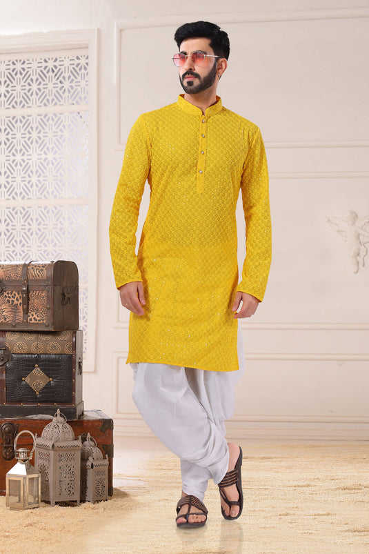 Yellow Rayon Fabric Sangeet Wear Trendy Readymade Kurta Pyjama For Men