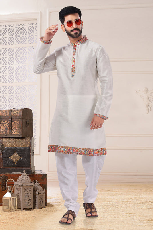 Silk White Color Wedding Wear Readymade Designer Men Kurta Pyjama