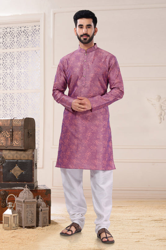 Purple Color Sangeet Wear Jacquard Fabric Designer Readymade Kurta Pyjama For Men