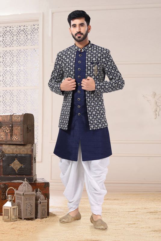 Silk Fabric Blue Color Wedding Wear Readymade Men Stylish Indo Western
